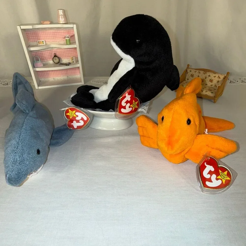 Vintage Ty Beanie Babies Aquatic Trio – Goldie 1993, Crunch 1996 &‎ Waves 1996 –